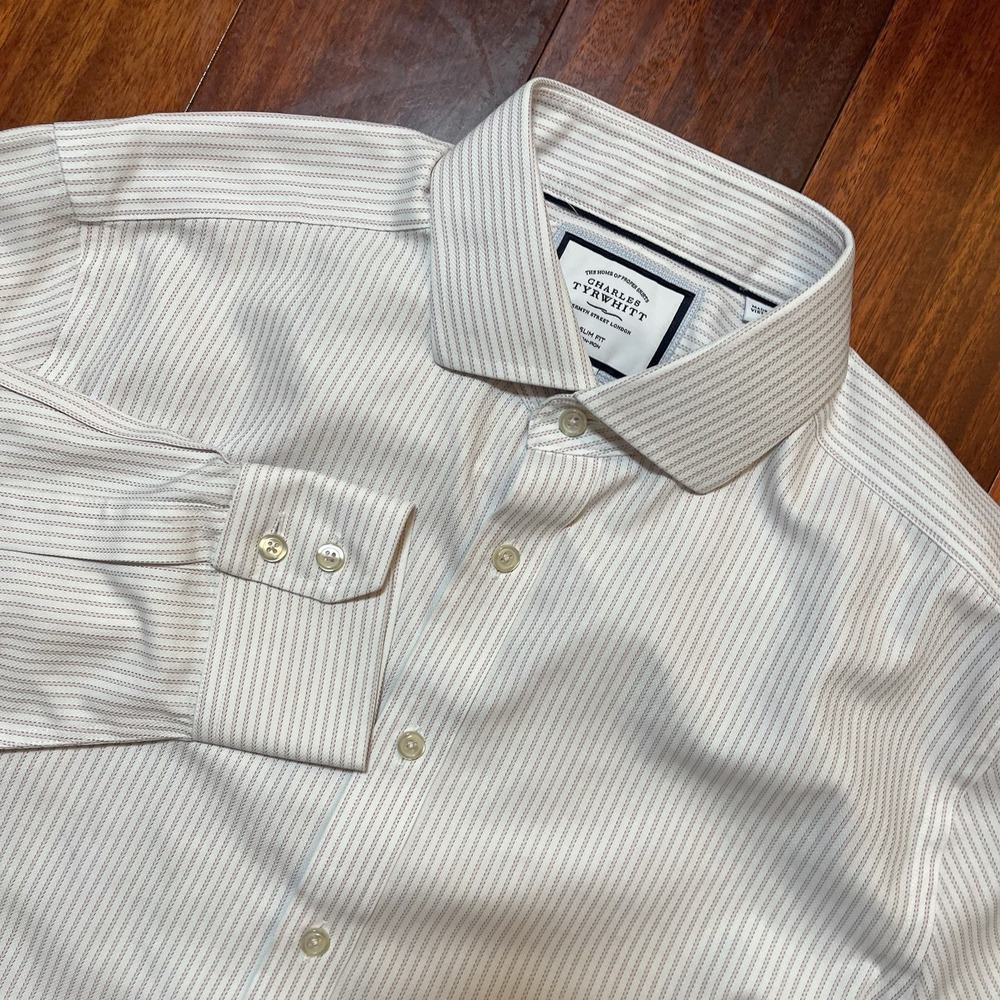 Charles Tyrwhitt Dress Shirt Mens 16.5 33 Pink Striped Slim Fit Non Iron Preppy